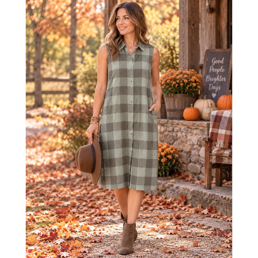 Christopher & Banks Womens M Green Linen Blend Plaid Sleeveless Shirt Dress